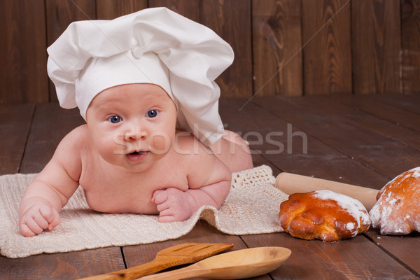 Bébé Cook farine pain tête heureux Photo stock © dmitriisimakov