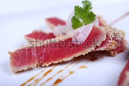 新鮮 金槍魚 肉類 白 盤 商業照片 © dmitroza