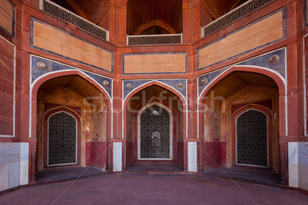 Arch with carved marble window. Mughal style. Humayun's tomb, De Stock photo © dmitry_rukhlenko