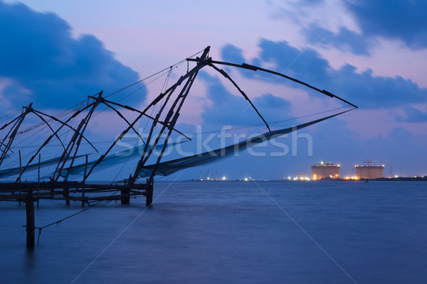 Chinese fishnets in twilight. Kochi, Kerala, India Stock photo © dmitry_rukhlenko