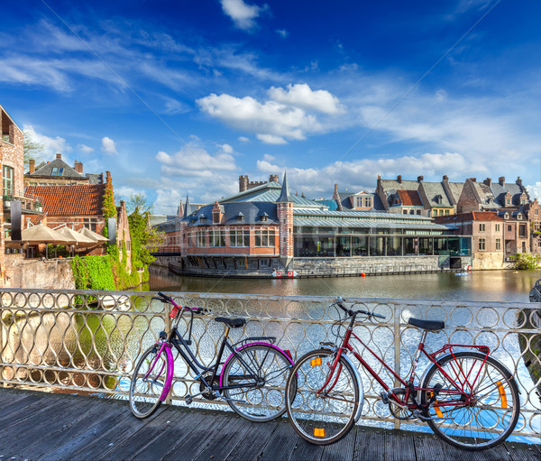 Stock photo: Bridge, bicycles and canal. Ghent, Belghium