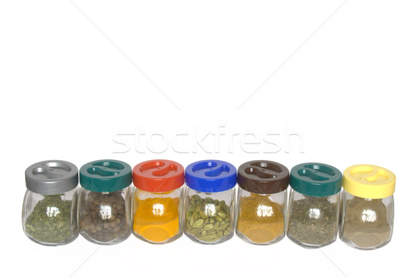 Stock photo: Jars with various spices (fenugreek,allspice tree, turmeric, car