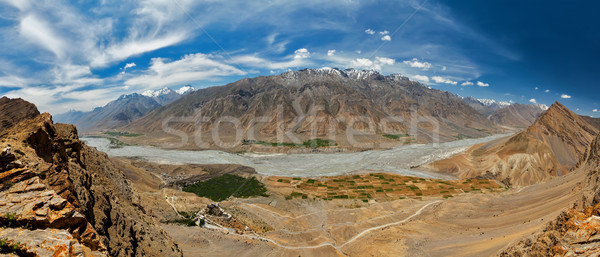 Aerial panorama of Spiti valley and Key gompa in Himalayas Stock photo © dmitry_rukhlenko