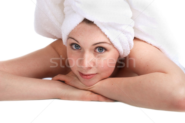 Menina toalha estância termal olho feliz Foto stock © dnsphotography