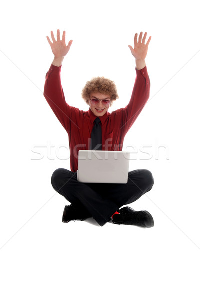 Zakenman vergadering laptop jonge naar armen Stockfoto © dnsphotography