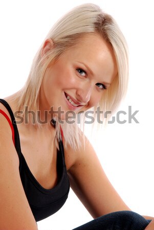 случайный девушки сидят улыбка глазах Сток-фото © dnsphotography