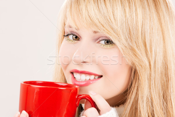 Foto stock: Feliz · rojo · taza · Foto · mujer