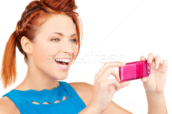 Boldog nő telefon kamera kép arc Stock fotó © dolgachov