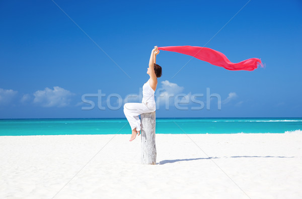 Foto stock: Feliz · mulher · praia · vermelho · céu · água