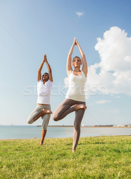 Gülen çift yoga açık havada uygunluk Stok fotoğraf © dolgachov