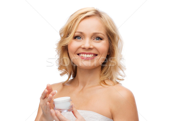 Szczęśliwy kobieta krem jar piękna ludzi Zdjęcia stock © dolgachov