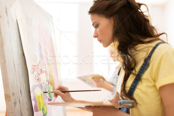 Studenten Mädchen Staffelei Malerei Kunst Schule Stock foto © dolgachov