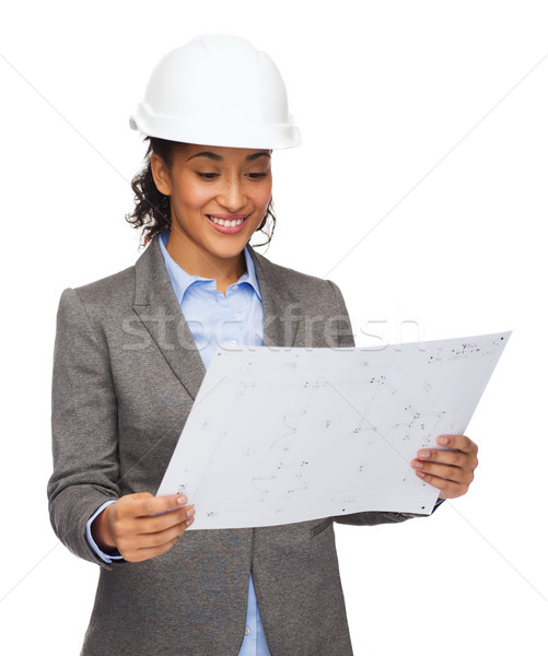 Zakenvrouw witte helm blauwdruk gebouw ontwikkelen Stockfoto © dolgachov