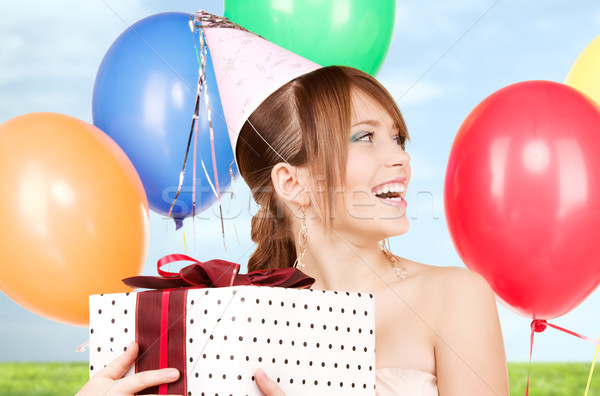 Stok fotoğraf: Parti · kız · balonlar · hediye · kutusu · mutlu