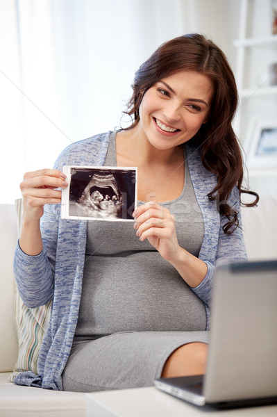 happy pregnant woman with ultrasound image at home Stock photo © dolgachov