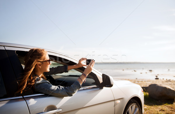 Stockfoto: Gelukkig · tienermeisje · jonge · vrouw · auto · zomervakantie · vakantie