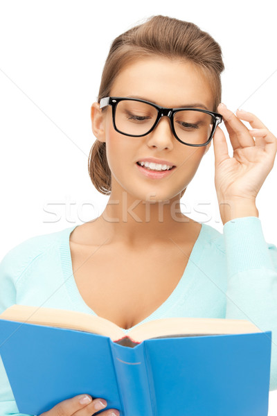 Kobieta okulary czytania książki zdjęcie uśmiechnięty Zdjęcia stock © dolgachov