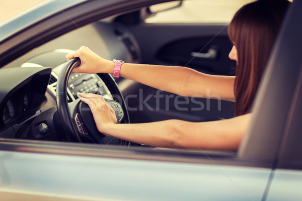 Foto d'archivio: Donna · guida · auto · mano · corno · pulsante