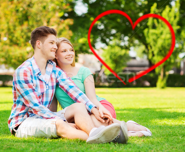 [[stock_photo]]: Souriant · couple · séance · herbe · été · parc