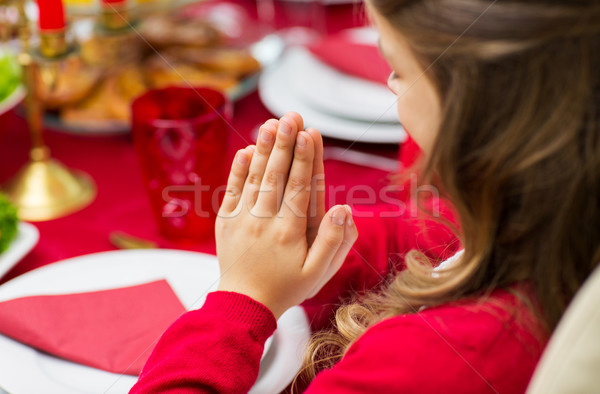 Foto stock: Menina · oração · natal · jantar · família