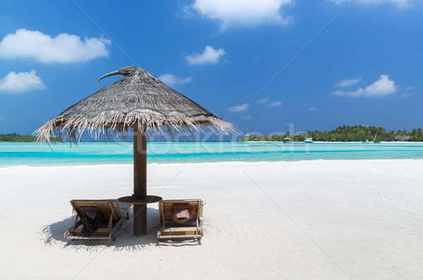 palapa and sunbeds by sea on maldives beach Stock photo © dolgachov