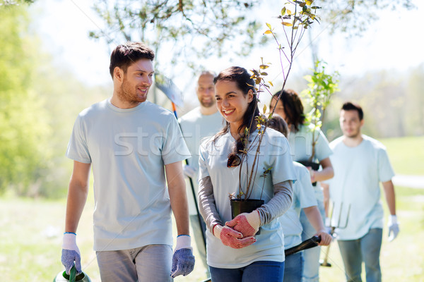 group of volunteers with trees and rake in park Stock photo © dolgachov