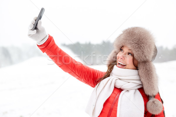 Stockfoto: Gelukkig · vrouw · buitenshuis · winter · mensen