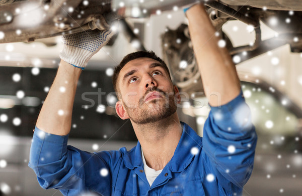mechanic man or smith repairing car at workshop Stock photo © dolgachov