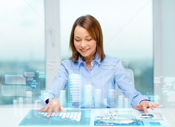 [[stock_photo]]: Femme · pointant · boutons · écran · affaires