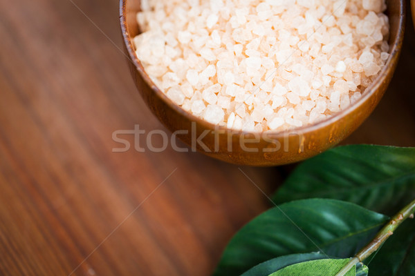 close up of himalayan pink salt in wooden bowl  Stock photo © dolgachov