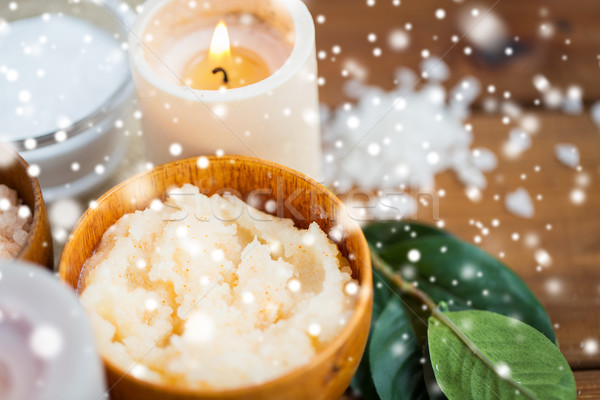 close up of natural body scrub and candle on wood Stock photo © dolgachov