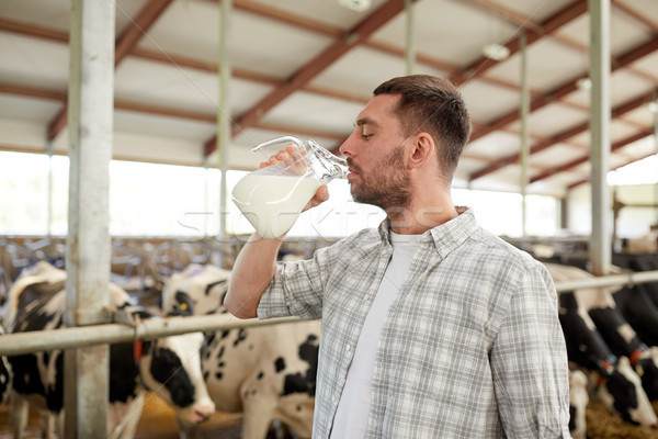 man or farmer drinking cows milk on dairy farm Stock photo © dolgachov