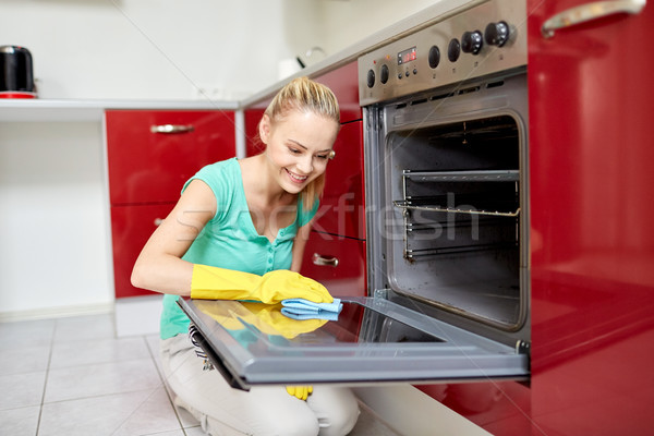 Foto stock: Feliz · mulher · limpeza · casa · cozinha · pessoas