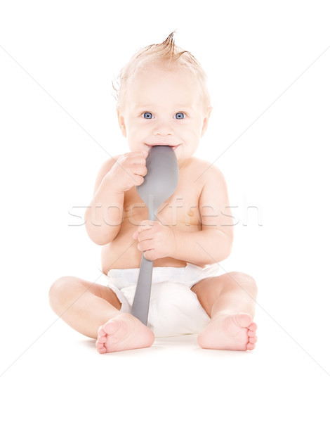 Baby jongen groot lepel foto witte Stockfoto © dolgachov