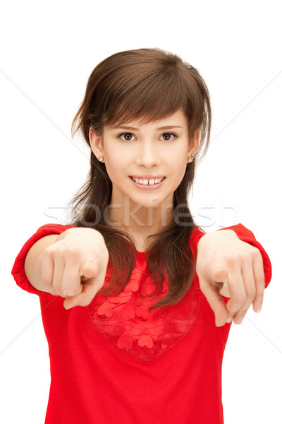 Tienermeisje wijzend vinger foto meisje hand Stockfoto © dolgachov
