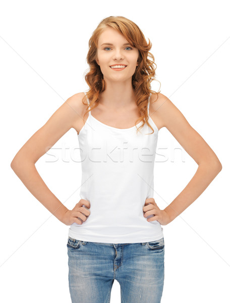 Stock foto: Lächelnd · weiß · tshirt · glücklich · Mädchen