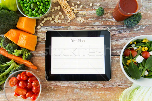close up of diet plan on tablet pc and vegetables Stock photo © dolgachov