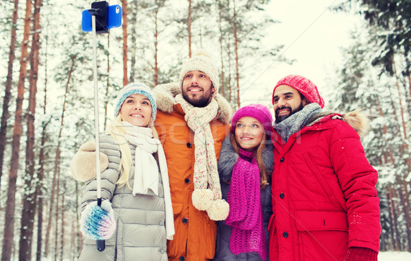 Foto d'archivio: Sorridere · amici · smartphone · inverno · foresta · tecnologia