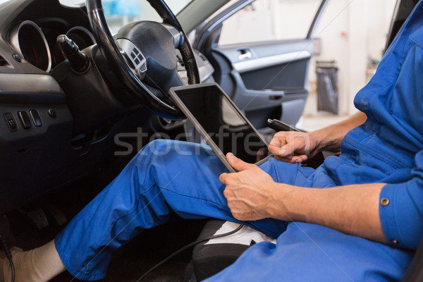 Szerelő férfi táblagép készít autó diagnosztikai Stock fotó © dolgachov
