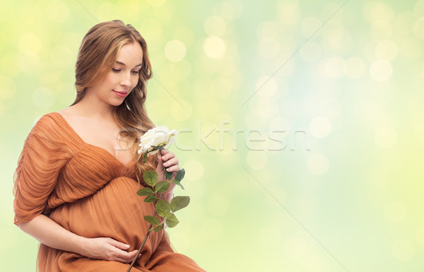 Felice donna incinta bianco rosa fiore gravidanza Foto d'archivio © dolgachov