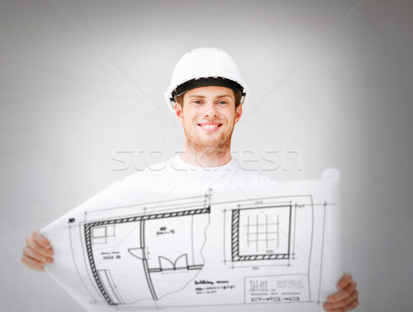 Mannelijke architect helm blauwdruk architectuur interieur Stockfoto © dolgachov