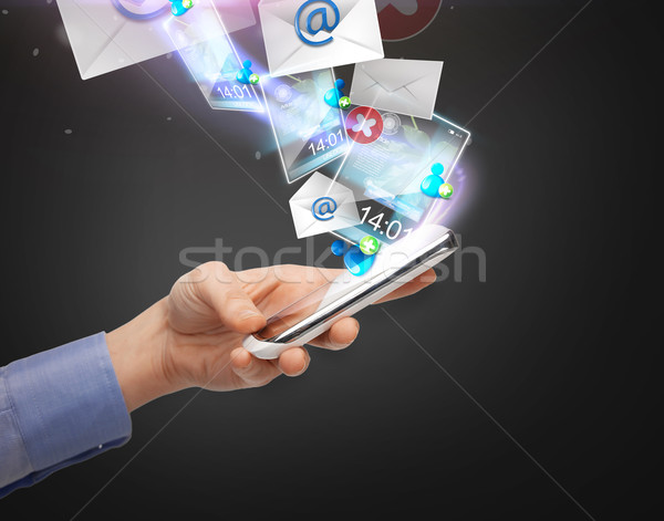 Stock foto: Hand · halten · Smartphone · Symbole · Technologie · Internet