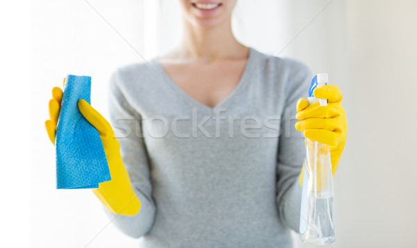 close up of happy woman with cloth and cleanser Stock photo © dolgachov