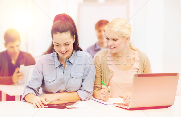 Foto stock: Dois · sorridente · estudantes · laptop · educação