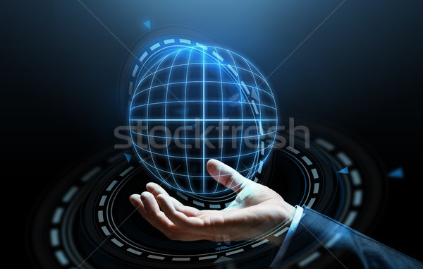 Közelkép üzletember kéz hologram üzletemberek kibertér Stock fotó © dolgachov