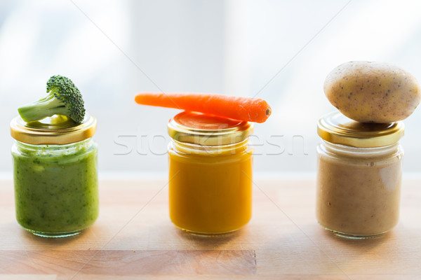 Stock photo: vegetable puree or baby food in glass jars