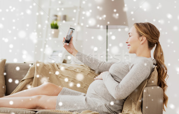 Stock fotó: Terhes · nő · elvesz · okostelefon · otthon · terhesség · anyaság