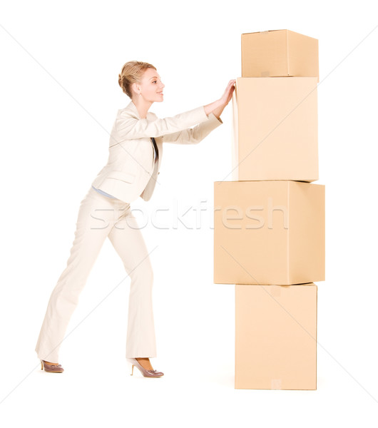 Foto stock: Empresária · caixas · quadro · branco · negócio · mulher