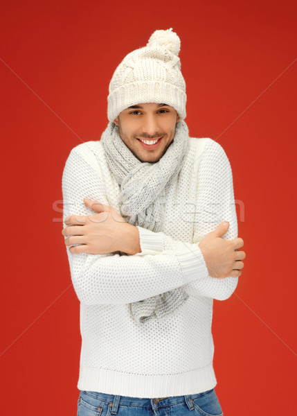 Bel homme chaud chandail chapeau écharpe photos [[stock_photo]] © dolgachov