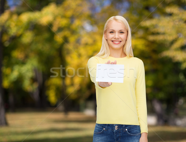 [[stock_photo]]: Souriant · fille · affaires · nom · carte · bonheur